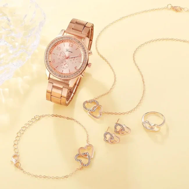 6PCS Set Fashion Wristwatch Casual Ladies Bracelet Watches Rose Gold Luxury Watch Women Ring Necklace Earring Rhinestone - Image 2