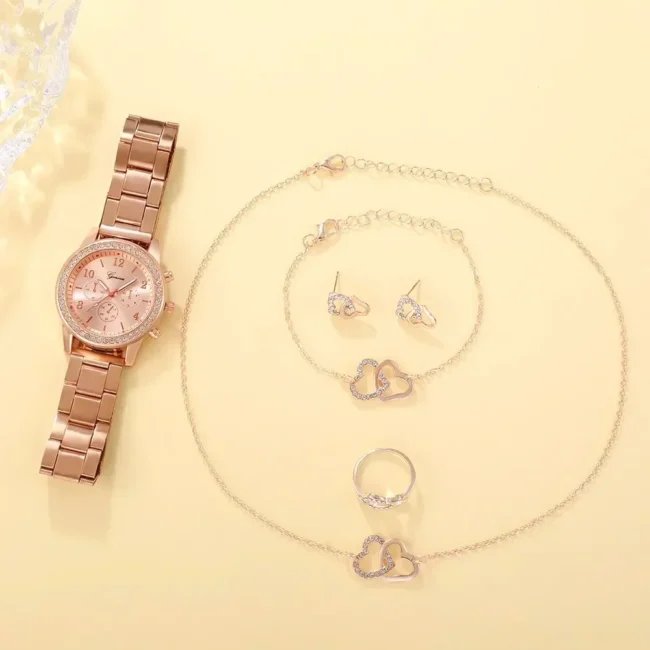 6PCS Set Fashion Wristwatch Casual Ladies Bracelet Watches Rose Gold Luxury Watch Women Ring Necklace Earring Rhinestone