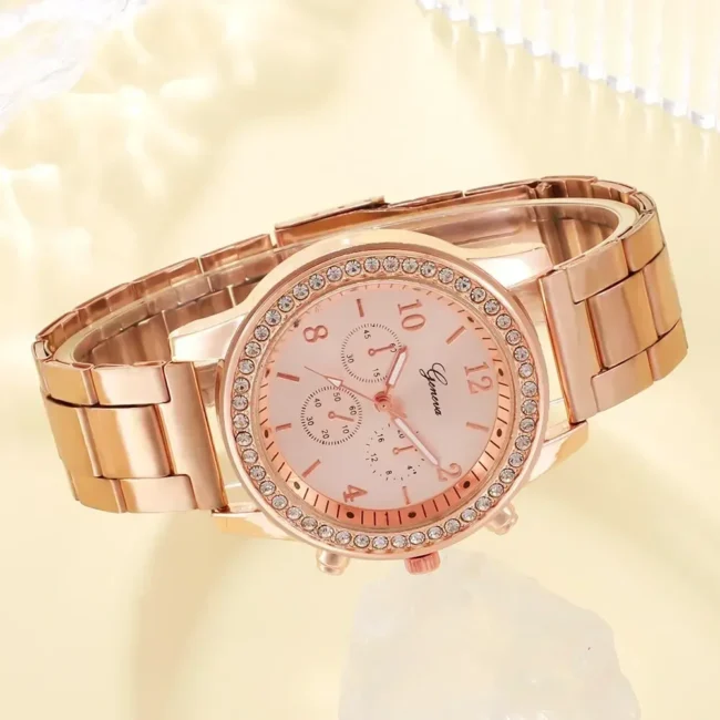 6PCS Set Fashion Wristwatch Casual Ladies Bracelet Watches Rose Gold Luxury Watch Women Ring Necklace Earring Rhinestone - Image 3